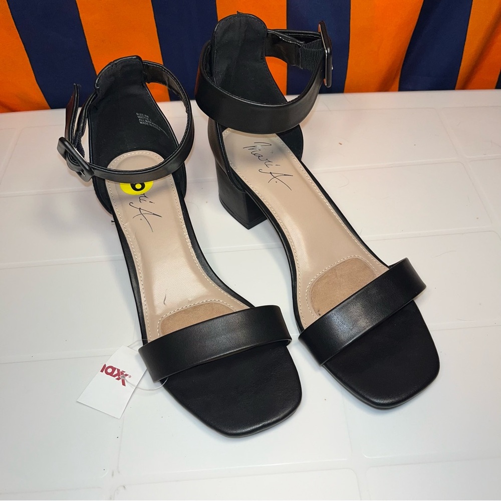 New Mari A Black Vegan faux leather square toe 3” Block heel women size 9M strap